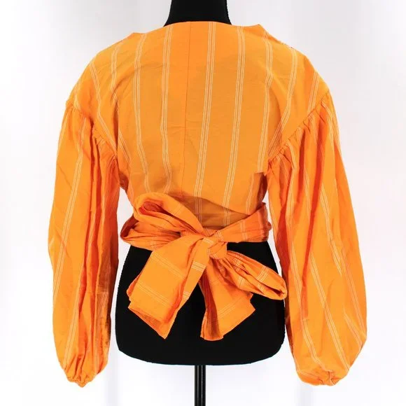 Acler Wyatt Crop Wrap Blouse Top 6 Orange White Pinstripe Balloon Puffy Sleeve S - Picture 7 of 9
